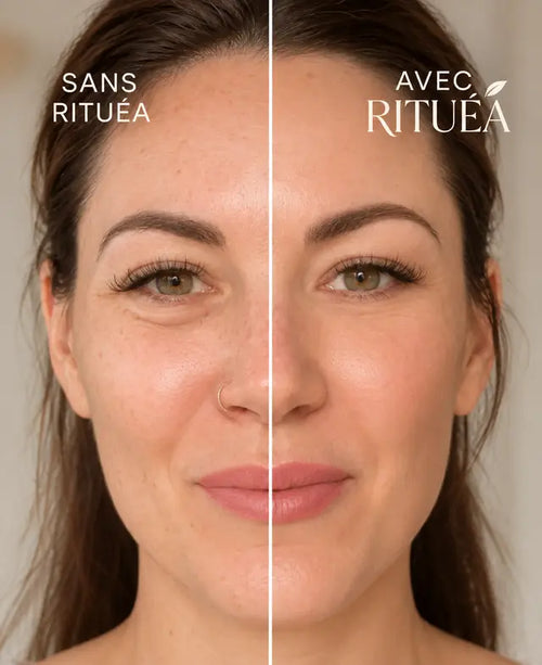 Avant/après : peau du visage plus lisse et plus tonique après utilisation de la brosse lymphatique Rituéa