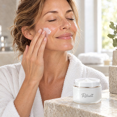 Femme appliquant la crème Rituéa du bout des doigts